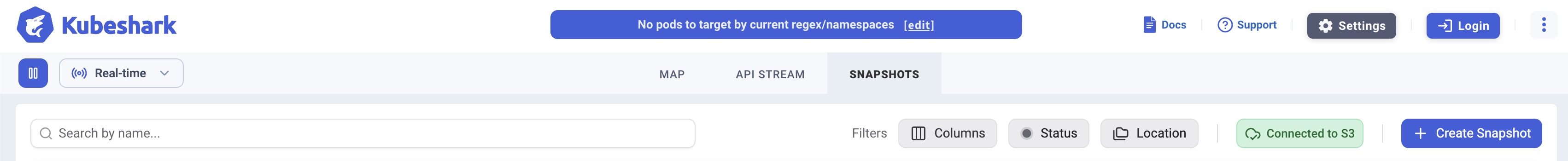 Snapshots tab showing Connected to S3 badge